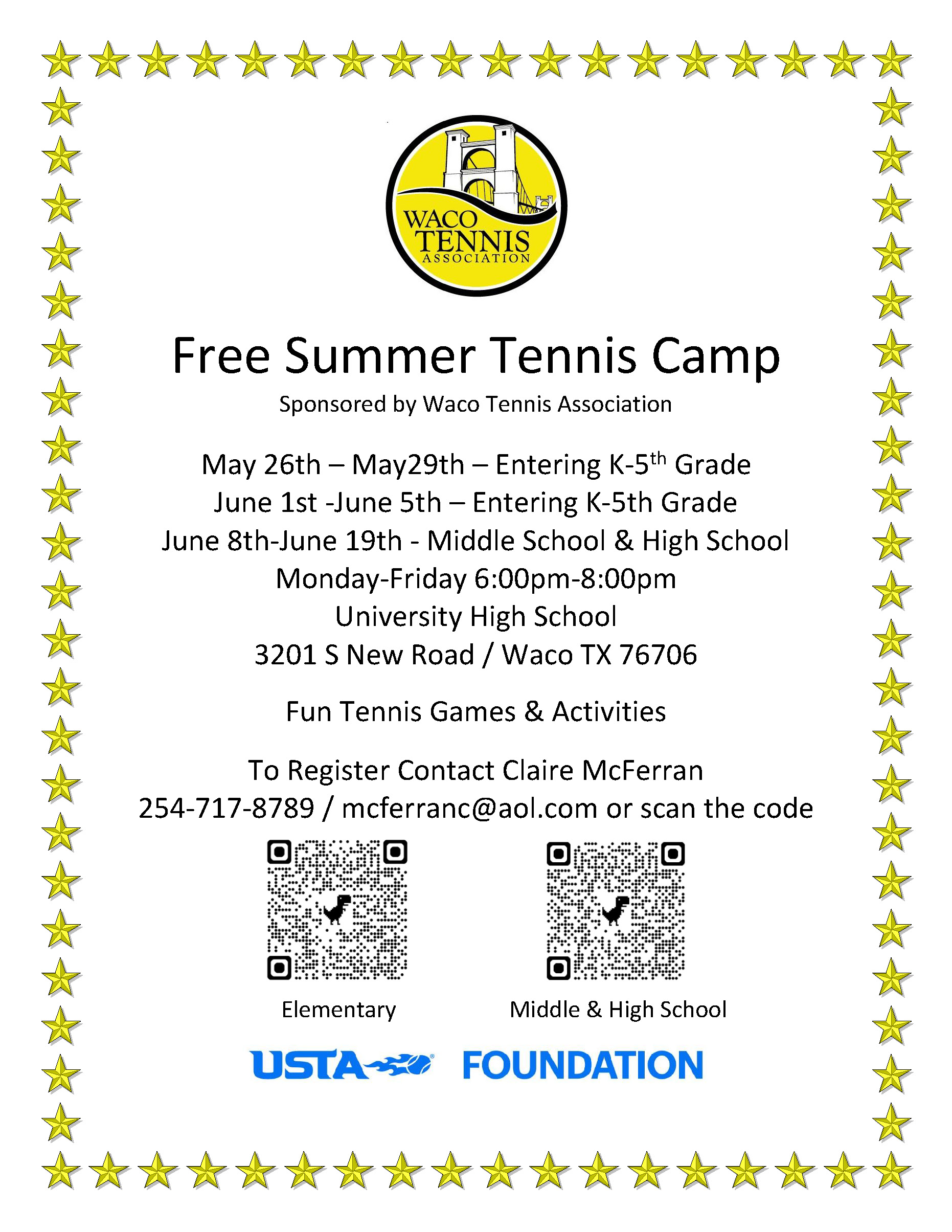 Waco Tennis Association FREE Summer Tennis Camp 2026